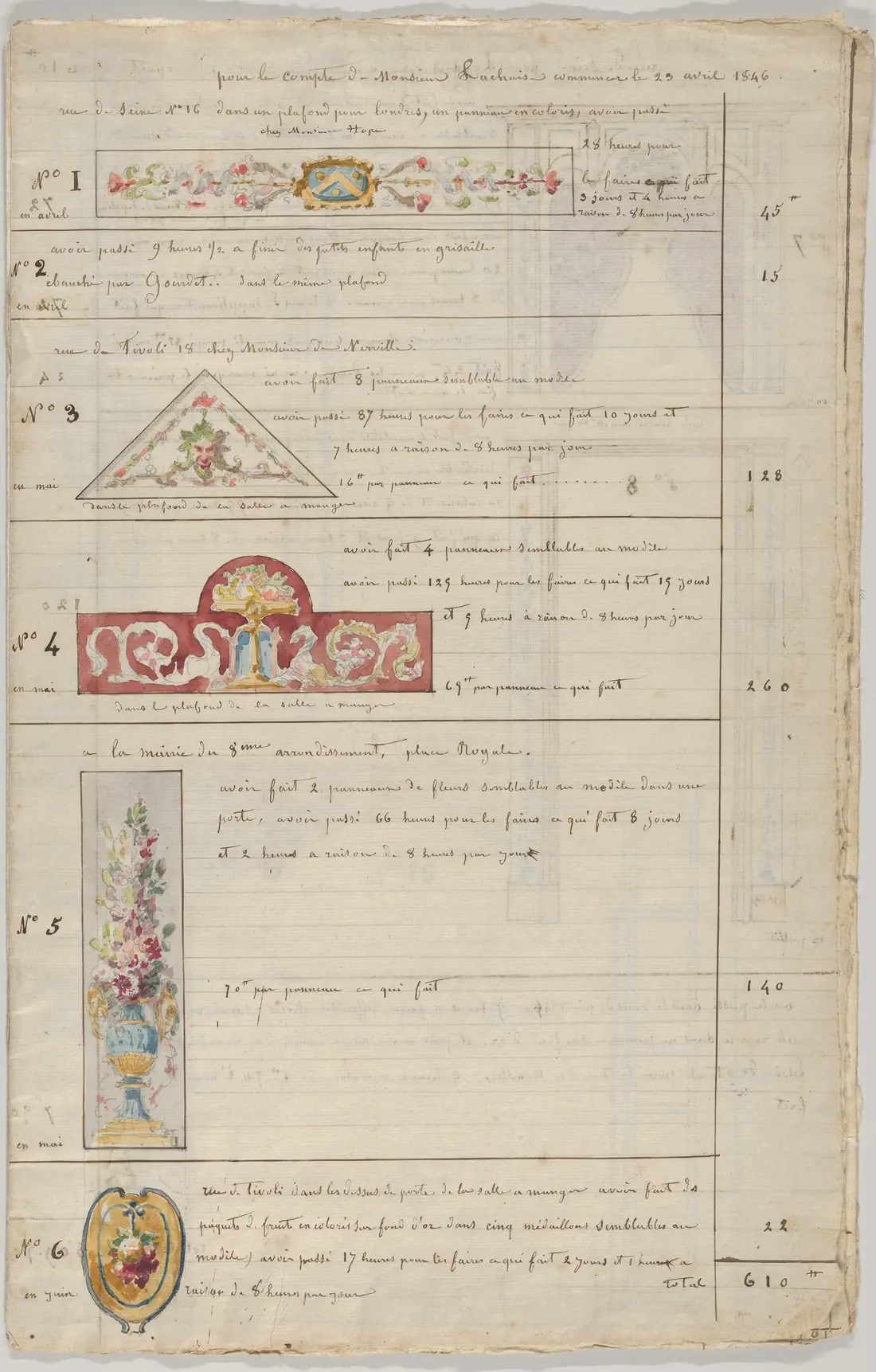 An 1846 decorator's account sheet that lists hours spent on painted panels, with a running total.